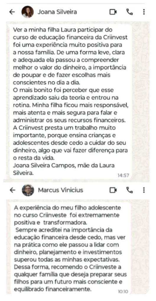 Depoimentos de Joana Silveira e Marcus Vinícius sobre a experiência com o CRIINVESTE