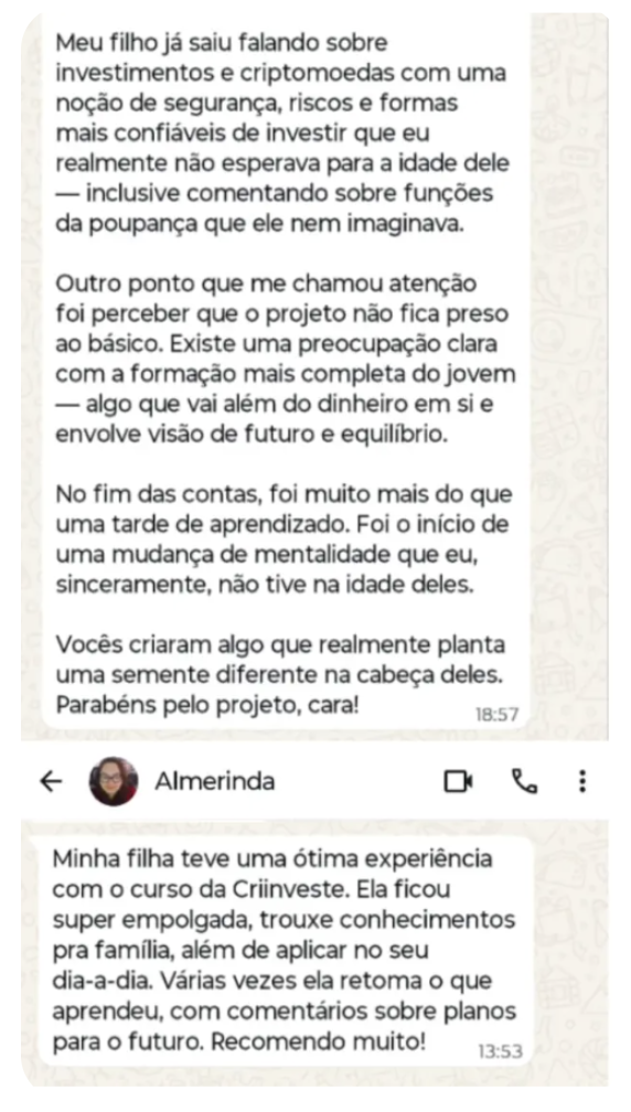 Depoimentos de Rodrigo Uchôa e Almerinda sobre o aprendizado dos filhos