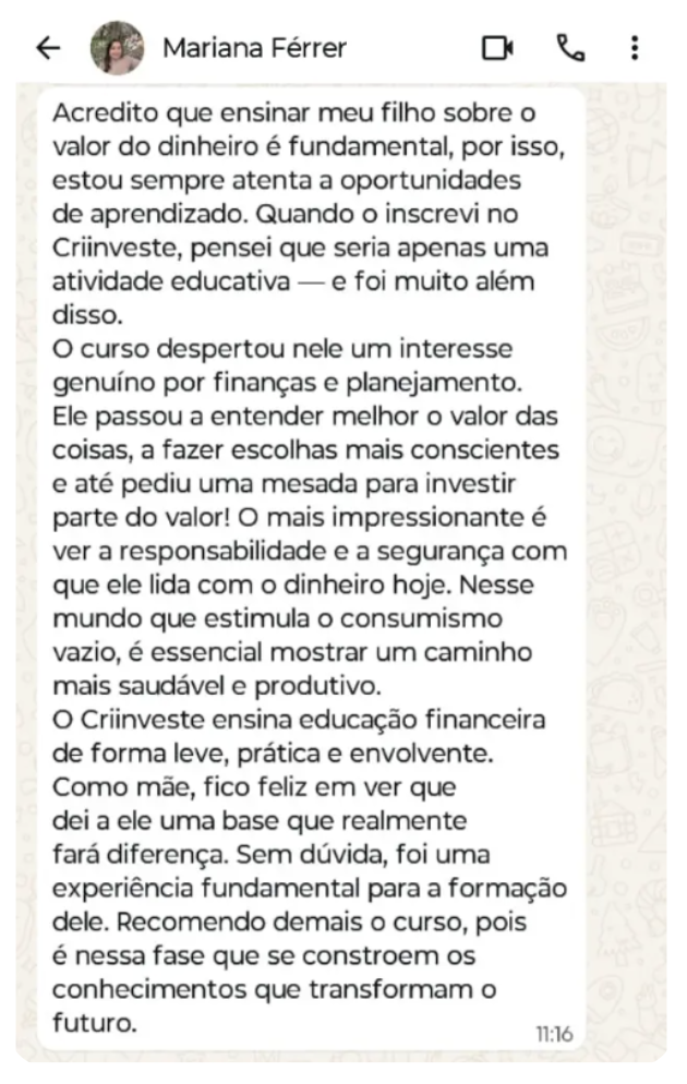 Depoimento de Mariana Férrer sobre o interesse do filho por finanças