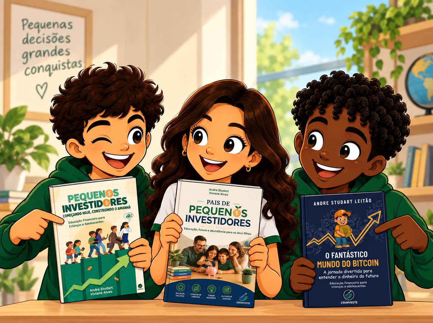 Três adolescentes sorrindo segurando os livros Pequenos Investidores, Pais de Pequenos Investidores e O Fantástico Mundo do Bitcoin