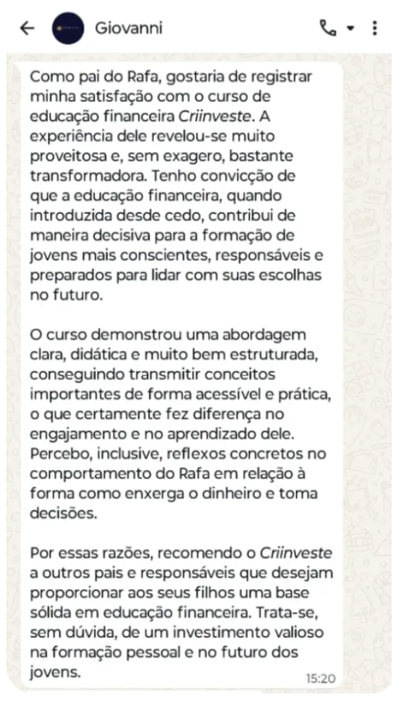 Depoimento de Giovanni, pai do Rafa, sobre a satisfação com o curso CRIINVESTE
